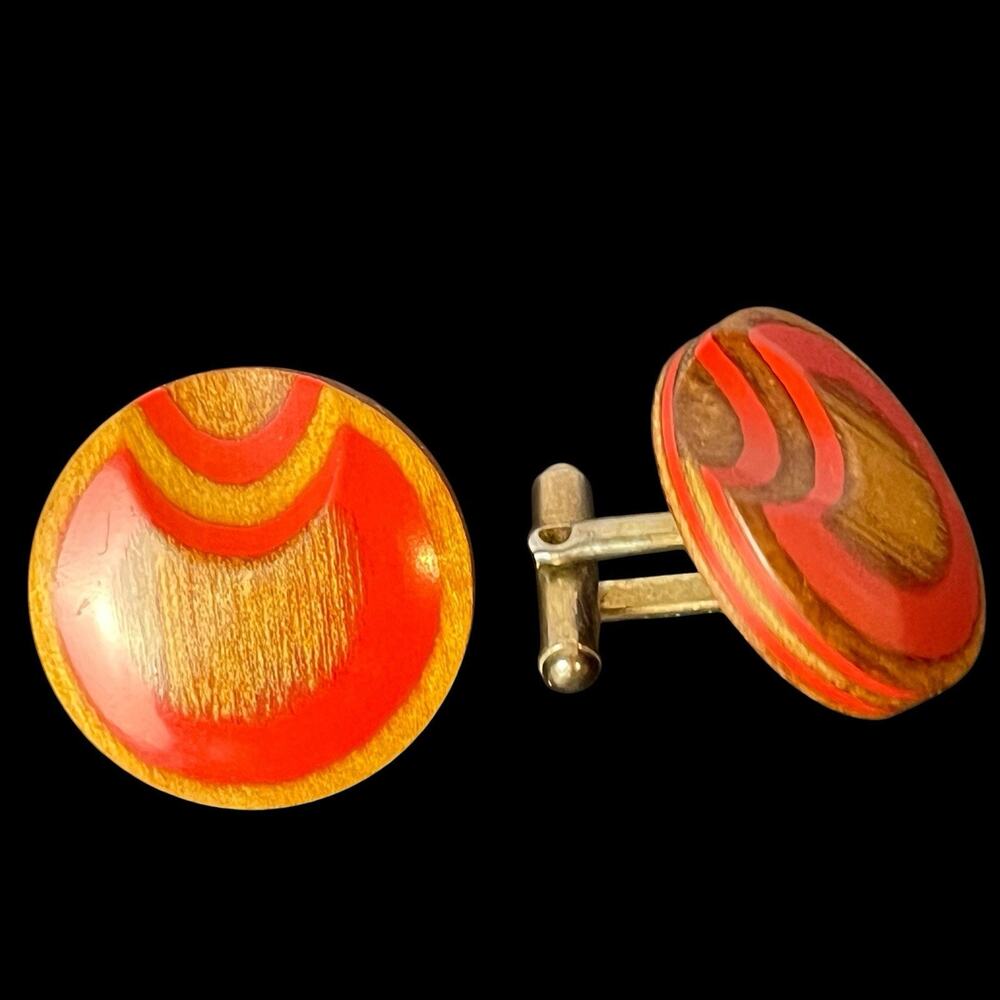 Mid Century Modern Orange Brown Marquetry Bullseye Cufflinks Mod Round Layered